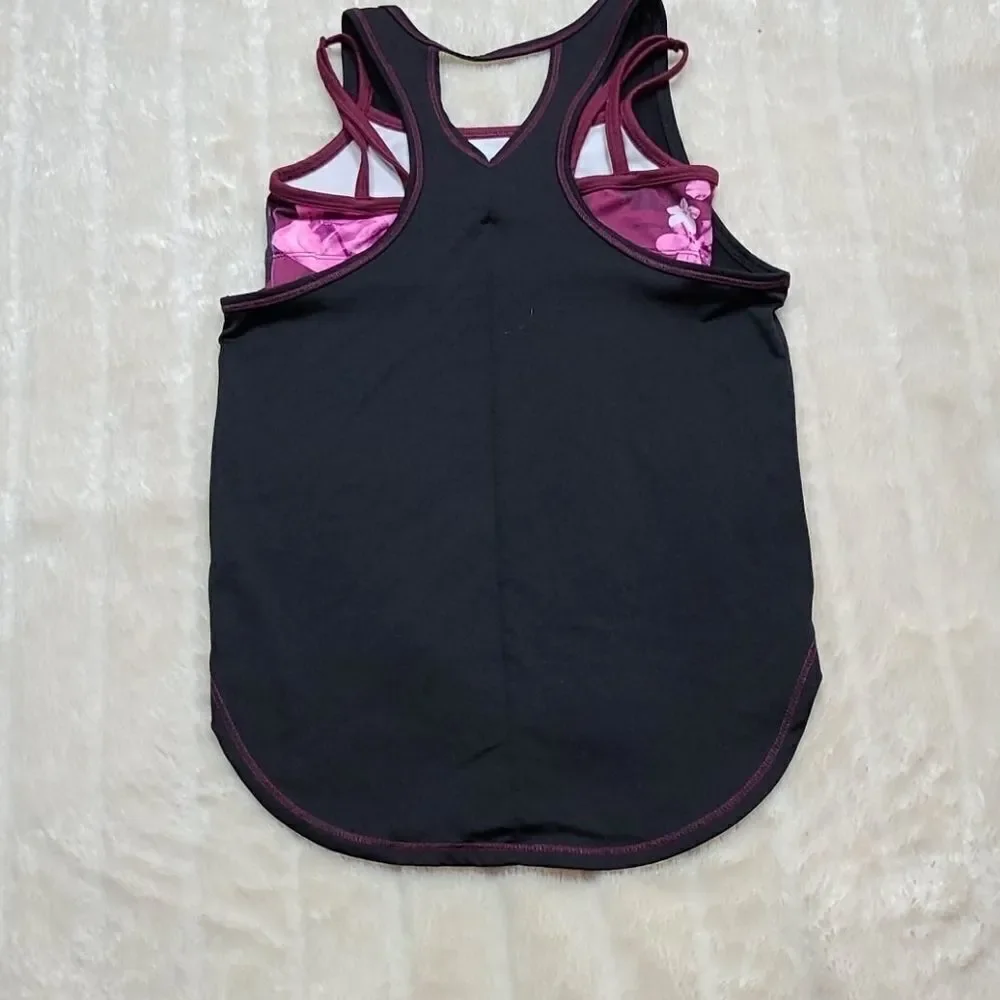Justice Active Layered Sports Tank Top Black Pink Floral Athletic Tee Girls 10